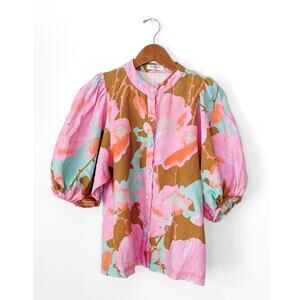 Lanhtropy Aquarela Bubble Linen Button Down Shirt Feminine Pink Aqua Brown Print